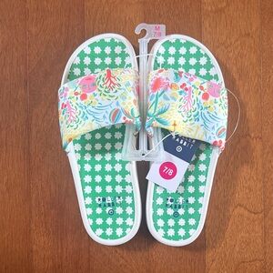 Roller Rabbit Multicolor Floral Slide Sandals with Green Star Footbed